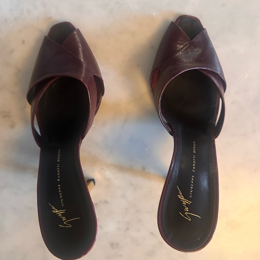 Giuseppe Zanotti x Vicini Metallic Heel Mules Wine Leather Size 38 Made in Italy